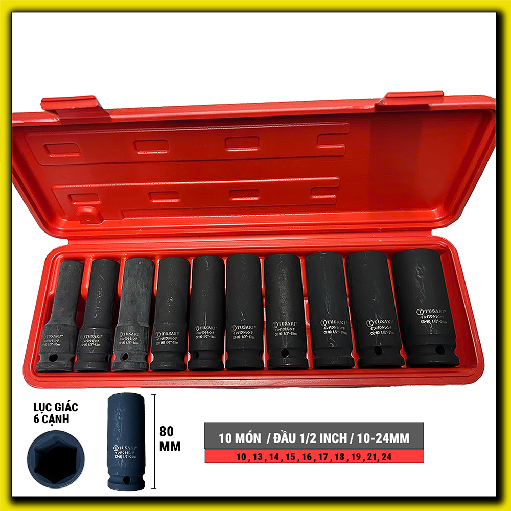 Bộ Khẩu 10 món Vặn Bulong 1/2 inch 12 cạnh