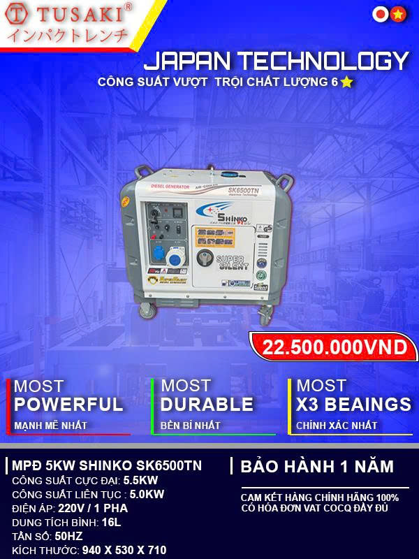 Máy phát điện 5Kw TUSAKI SK6500TN ( Siêu chống ồn )