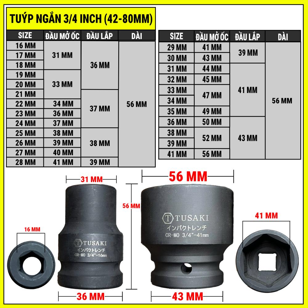 Tuýp 3/4 inch khẩu ngắn 16-41